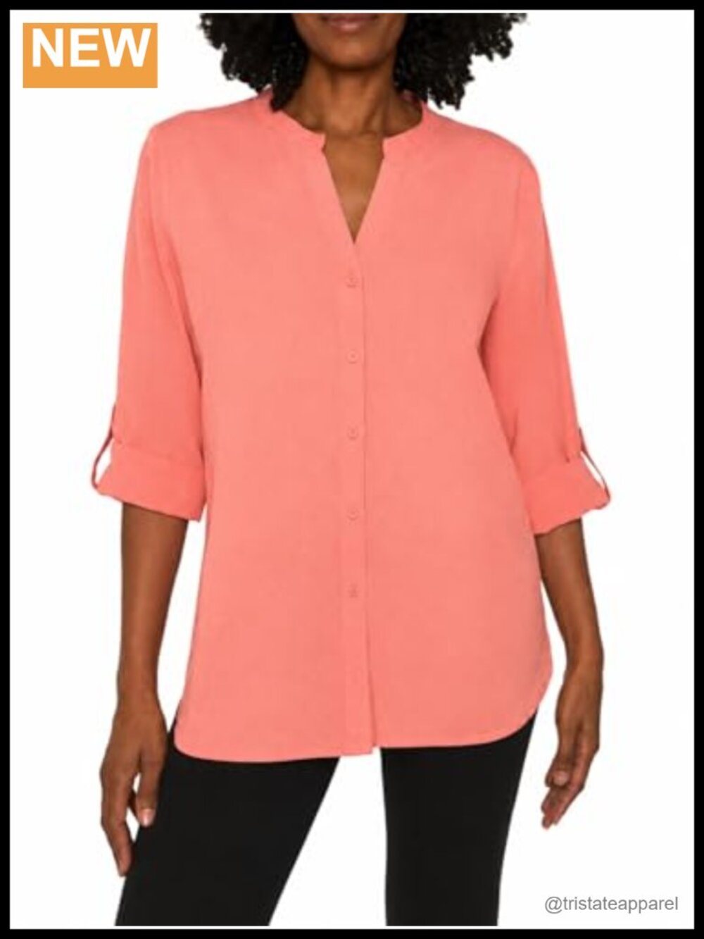 Women's Roll Tab Sleeve Button Front Blouse Curved Hem V-Neck Shirt